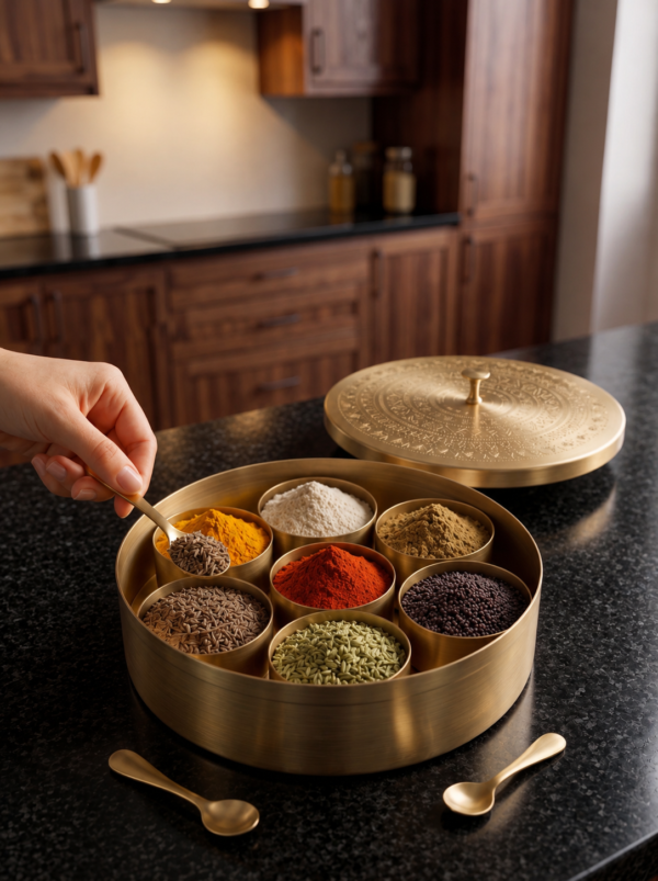 ChatGPT Image Jul 23, 2026, 10_48_51 PM Handcrafted Pure Brass Masala Dabba (Masaliyu) – Royal Spice Box Set with 7 Inner Cups, Engraved Lid & Brushed Matte Gold Finish