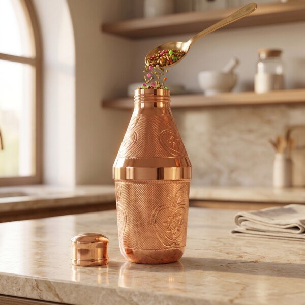 Handcrafted Pure Brass Mukhwas Bottle (15 cm / 6 cm) – Rose Gold Polish Finish with Embossed Apple Floral Pattern Mouth Freshener Storage Container & Tableware