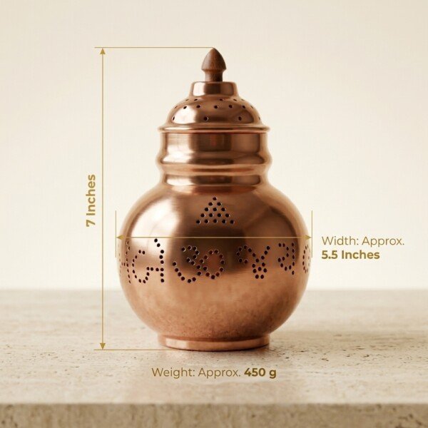 Pure Copper Navratri Garbo (7 Inches / 450g) – Fine Hand-Perforated Jaali Design with Dome Lid