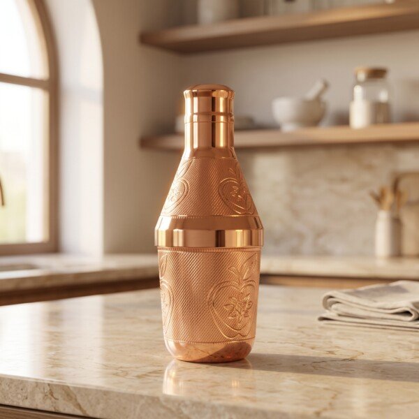 Handcrafted Pure Brass Mukhwas Bottle (15 cm / 6 cm) – Rose Gold Polish Finish with Embossed Apple Floral Pattern Mouth Freshener Storage Container & Tableware