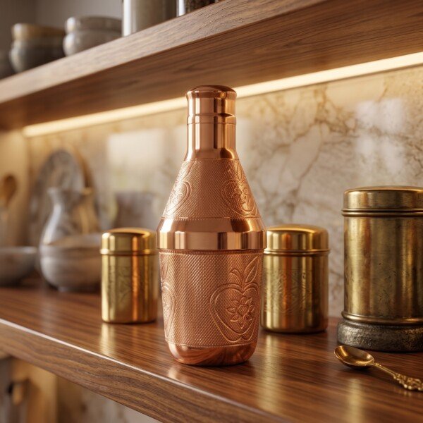 Handcrafted Pure Brass Mukhwas Bottle (15 cm / 6 cm) – Rose Gold Polish Finish with Embossed Apple Floral Pattern Mouth Freshener Storage Container & Tableware