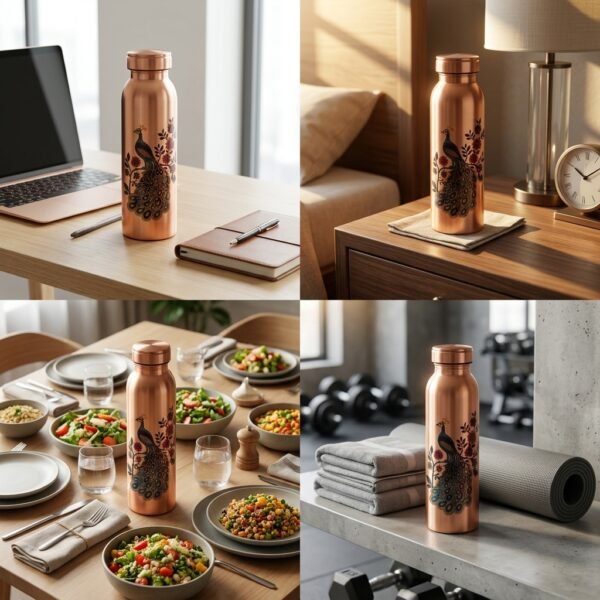 Royal Printed Pure Copper Water Bottle with Peacock Art (950 ml)