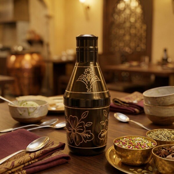 Handcrafted Antique Black Finish Pure Brass Mukhwas Bottle(15 cm / 6 cm) – Golden Engraved Floral Pattern Mouth Freshener Container & Royal Tableware