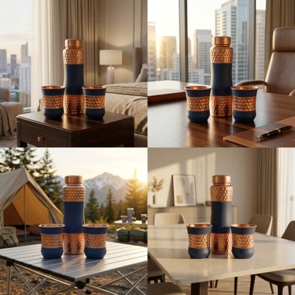 CopperCraft Midnight Blue Pure Copper Water Bottle Set (1 Liter) with 2 Matching Copper Glasses – Dual Finish