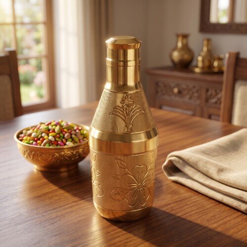 Golden_brass_mukhvas_bottle_dini…_202607092248 Handcrafted Pure Brass Mukhwas Bottle (15 cm / 6 cm)Fine Embossed Floral Pattern Mouth Freshener Storage Container & Royal Tableware