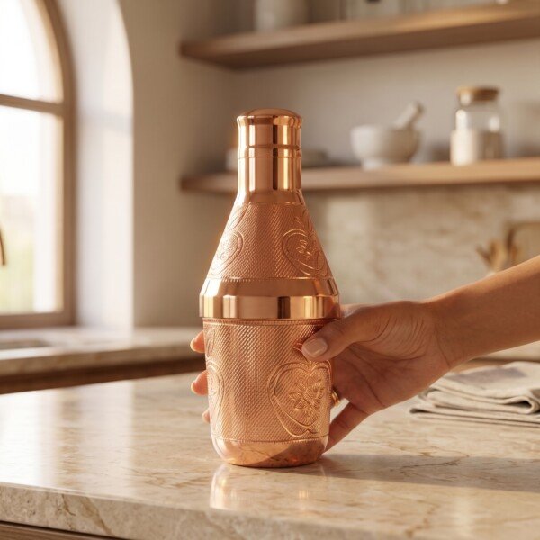 Handcrafted Pure Brass Mukhwas Bottle (15 cm / 6 cm) – Rose Gold Polish Finish with Embossed Apple Floral Pattern Mouth Freshener Storage Container & Tableware