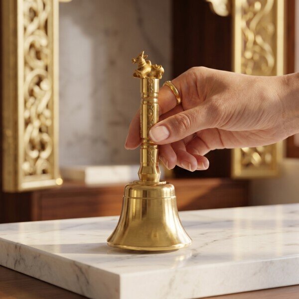 Handcrafted Pure Brass Nandi Pooja Hand Bell (12 cm / 4.72 Inches) – Traditional Carved Brass Ghanti with Nandi Finial Handle
