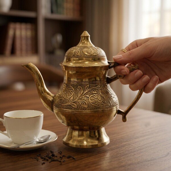 Hand_lifting_brass_kettle_202607121054 Royal Handcrafted Pure Brass Tea Kettle (Teapot / Ketli) – Vintage Antique Finish with Floral Relief Engravings, Swan Spout & Pedestal Base