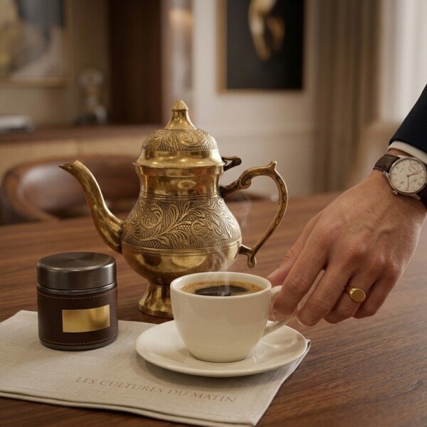Hand_reaching_for_cup_202607121054 Royal Handcrafted Pure Brass Tea Kettle (Teapot / Ketli) – Vintage Antique Finish with Floral Relief Engravings, Swan Spout & Pedestal Base