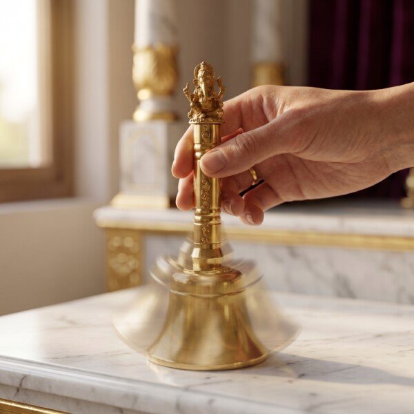 Hand_ringing_brass_bell_2K_202607091702 Handcrafted Pure Brass Ganesha Pooja Hand Bell (12 cm / 4.72 Inches) – Traditional Carved Brass Ghanti with Lord Ganesha Finial Handle