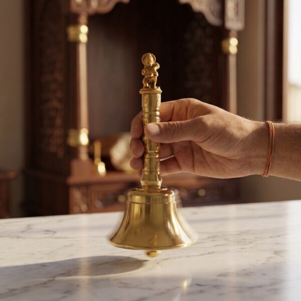 Handcrafted Pure Brass Hanuman Pooja Hand Bell (12 cm / 4.72 Inches) – Traditional Carved Brass Ghanti with Lord Hanuman Finial Handle