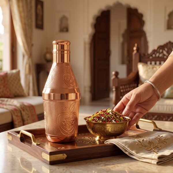 Handcrafted Pure Brass Mukhwas Bottle (15 cm / 6 cm) – Rose Gold Polish Finish with Embossed Apple Floral Pattern Mouth Freshener Storage Container & Tableware