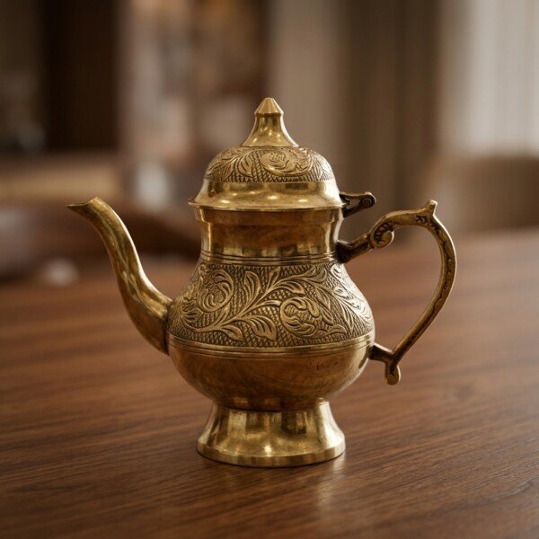 Handcrafted_brass_kettle_on_table_202607121053 Royal Handcrafted Pure Brass Tea Kettle (Teapot / Ketli) – Vintage Antique Finish with Floral Relief Engravings, Swan Spout & Pedestal Base