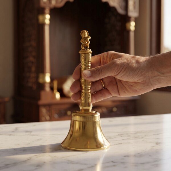 Handcrafted Pure Brass Hanuman Pooja Hand Bell (12 cm / 4.72 Inches) – Traditional Carved Brass Ghanti with Lord Hanuman Finial Handle