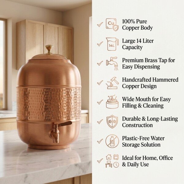 Infographic_with_copper_dispense…_202607131349 Satin-Brushed & Hand-Hammered Pure Copper Water Dispenser Tank (14 Liters)