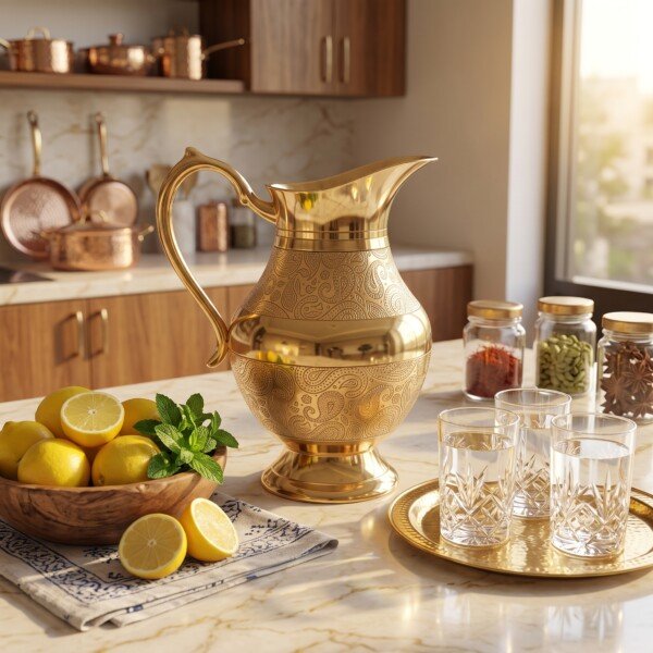 Hira Craft Heritage Paisley Engraved Pure Brass Water Jug (1 Liter) – Premium Polished Finish