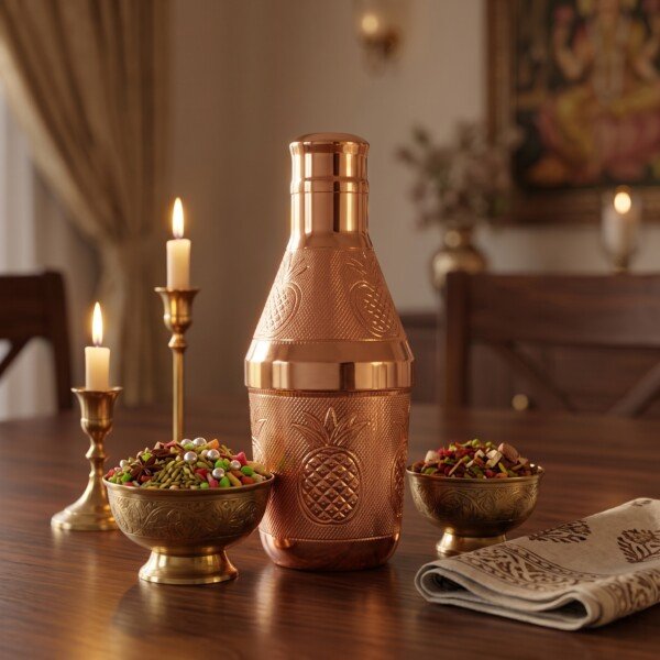 Handcrafted Pure Brass Mukhwas Bottle (15 cm / 6 cm) – Rose Gold Polish Finish with Embossed Apple Floral Pattern Mouth Freshener Storage Container & Tableware