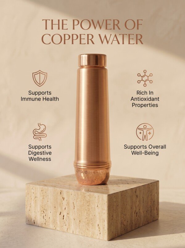Make_3_4_without_change_2K_202607212240 Royal Dual-Texture Pure Copper Water Bottle (1 Liter) – Smooth Brushed Body with Hammered Base