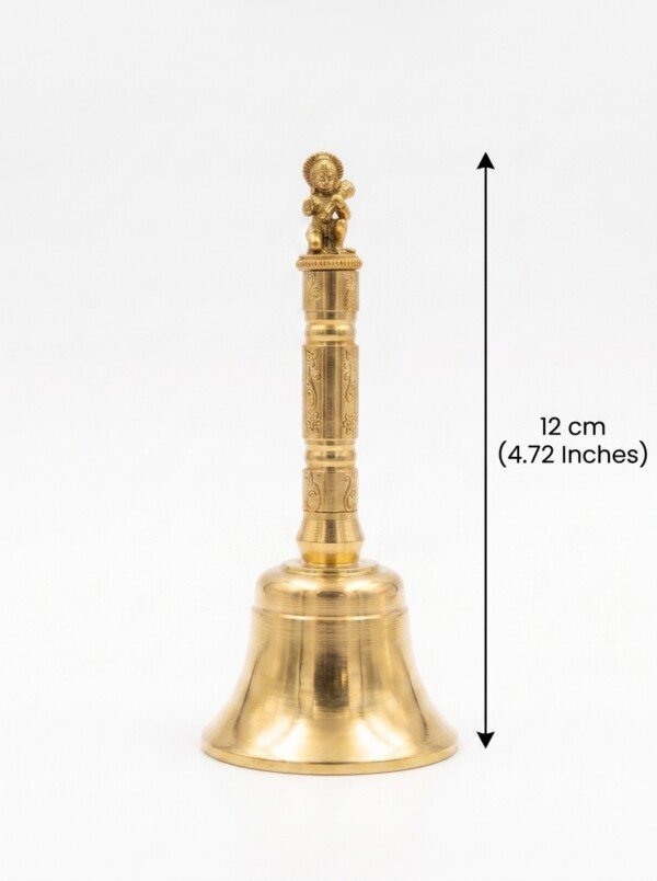 Handcrafted Pure Brass Hanuman Pooja Hand Bell (12 cm / 4.72 Inches) – Traditional Carved Brass Ghanti with Lord Hanuman Finial Handle
