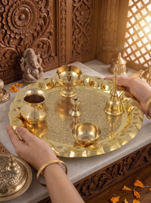 Make_it_3_4_2K_202607221331 (1) Heritage Fine-Engraved Pure Brass Pooja Thali Set (6 Pieces) – Scalloped Edge Brass Puja Combo with Bell, Diya & Lota