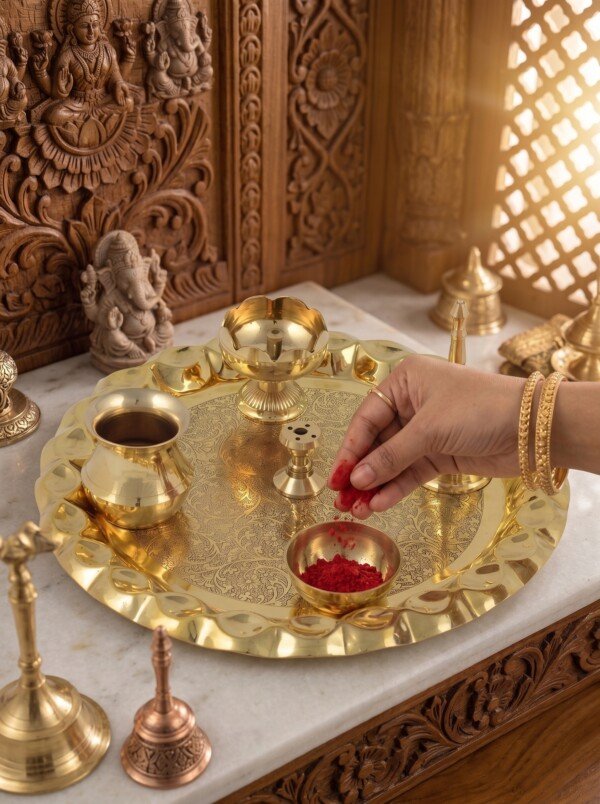 Make_it_3_4_2K_202607221331 (2) Heritage Fine-Engraved Pure Brass Pooja Thali Set (6 Pieces) – Scalloped Edge Brass Puja Combo with Bell, Diya & Lota