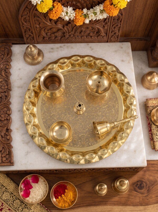 Make_it_3_4_2K_202607221331 (3) Heritage Fine-Engraved Pure Brass Pooja Thali Set (6 Pieces) – Scalloped Edge Brass Puja Combo with Bell, Diya & Lota