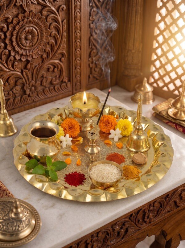 Make_it_3_4_2K_202607221331 (4) Heritage Fine-Engraved Pure Brass Pooja Thali Set (6 Pieces) – Scalloped Edge Brass Puja Combo with Bell, Diya & Lota