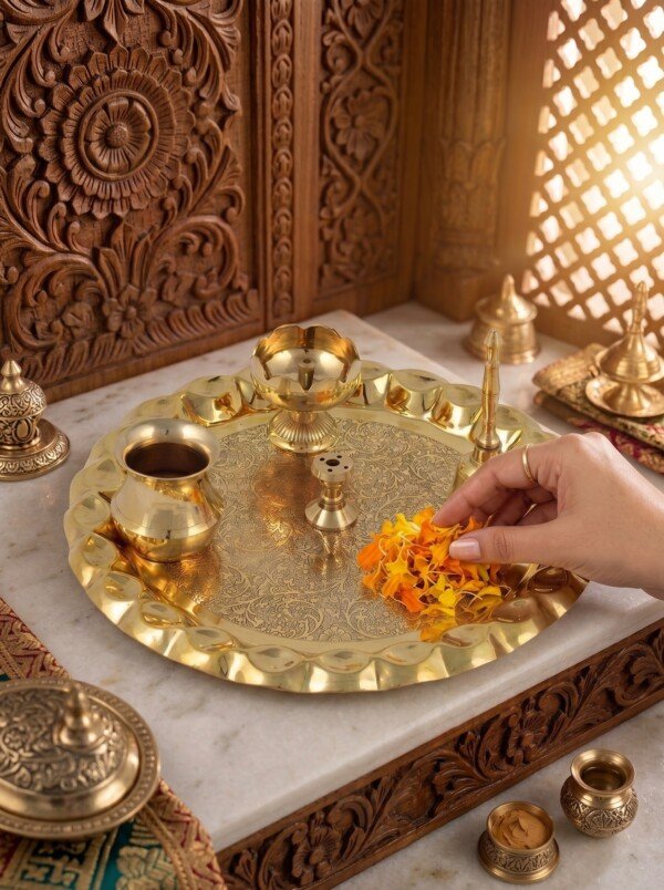 Make_it_3_4_2K_202607221331 (5) Heritage Fine-Engraved Pure Brass Pooja Thali Set (6 Pieces) – Scalloped Edge Brass Puja Combo with Bell, Diya & Lota