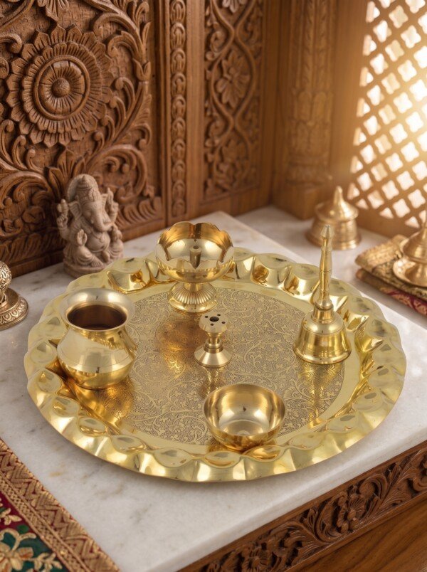 Make_it_3_4_2K_202607221331 Heritage Fine-Engraved Pure Brass Pooja Thali Set (6 Pieces) – Scalloped Edge Brass Puja Combo with Bell, Diya & Lota