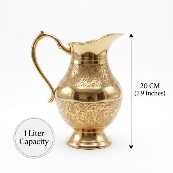 Hira Craft Heritage Paisley Engraved Pure Brass Water Jug (1 Liter) – Premium Polished Finish