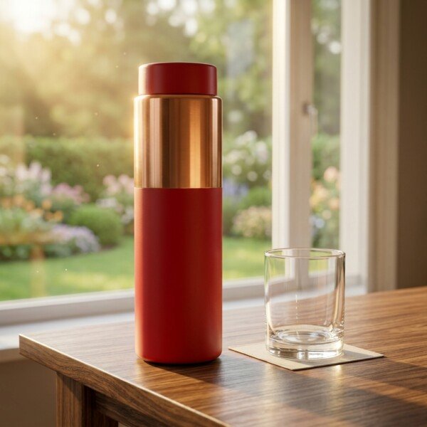Red_copper_water_bottle_glass_202607141210 Royal Matte Crimson Red Pure Copper Water Bottle (1 Liter) – Brushed Copper Accent Band