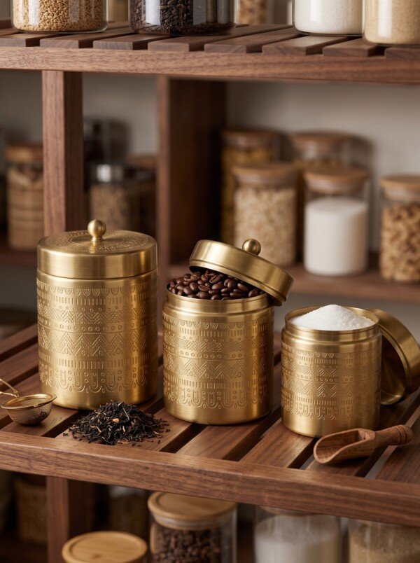 Three_brass_jars_neatly_arranged_202607232044 Luxury Handcrafted Pure Brass Kitchen Canister Jars (Set of 3 - Small, Medium, Large) – Matte Gold Finish with Traditional Geometric Relief Engravings & Ball Knob Lids