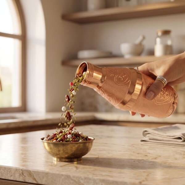 Handcrafted Pure Brass Mukhwas Bottle (15 cm / 6 cm) – Rose Gold Polish Finish with Embossed Apple Floral Pattern Mouth Freshener Storage Container & Tableware