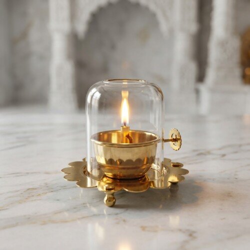 Use_the_uploaded_Handcrafted_Brass_202607121258 Handcrafted Windproof Pure Brass Akhand Diya with Clear Glass Chimney Cover & Scalloped Saucer Base for Home Mandir & Festive Puja