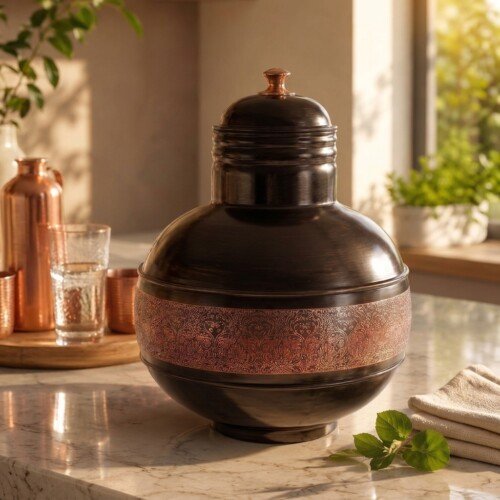 make_it_1_1_202607131239 (1) Hira Craft Antique Dark Finish Pure Copper Water Dispenser Matka (8 Liters) – Intricate Laser-Engraved Band & Crown Lid