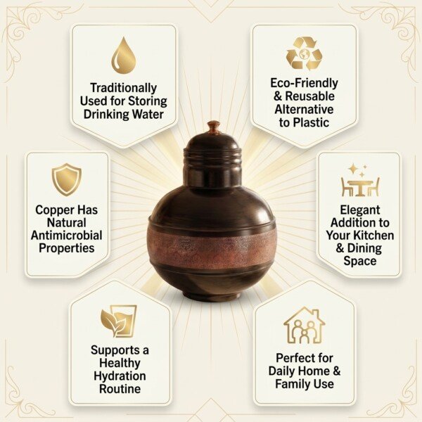 make_it_1_1_202607131240 (2) Hira Craft Antique Dark Finish Pure Copper Water Dispenser Matka (8 Liters) – Intricate Laser-Engraved Band & Crown Lid