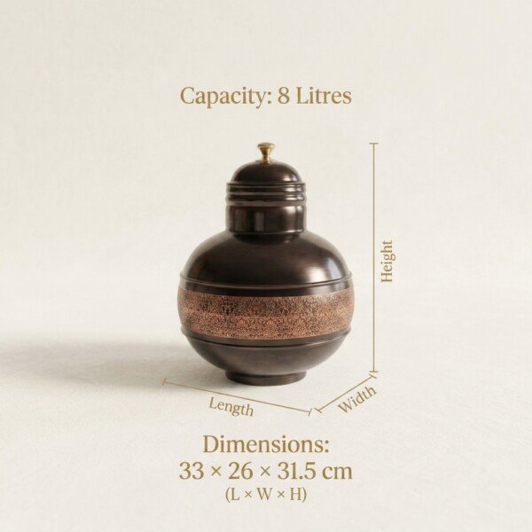 make_it_1_1_202607131240 (3) Hira Craft Antique Dark Finish Pure Copper Water Dispenser Matka (8 Liters) – Intricate Laser-Engraved Band & Crown Lid