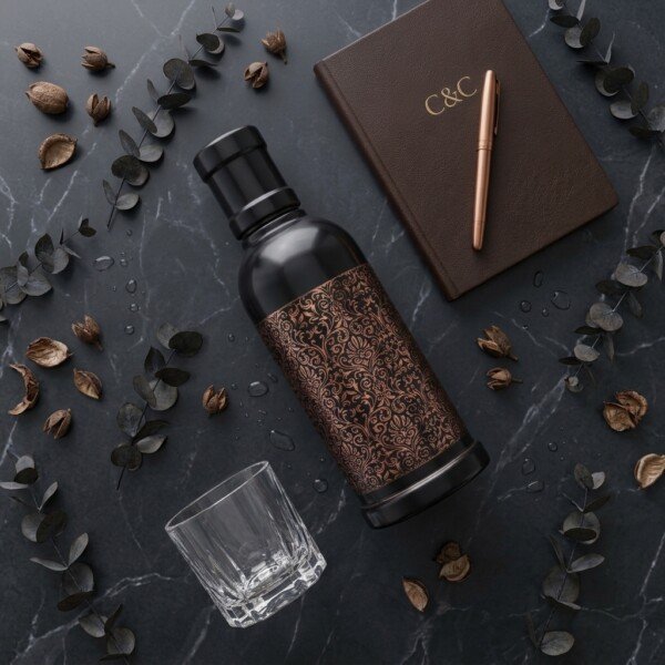 make_it_1_1_202607131326 (3) Royal Matte Black Pure Copper Water Bottle (1 Liter) – Vintage Filigree Engraved Print