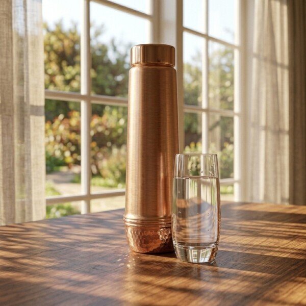 make_it_1_1_202607131332 (1) Royal Dual-Texture Pure Copper Water Bottle (1 Liter) – Smooth Brushed Body with Hammered Base