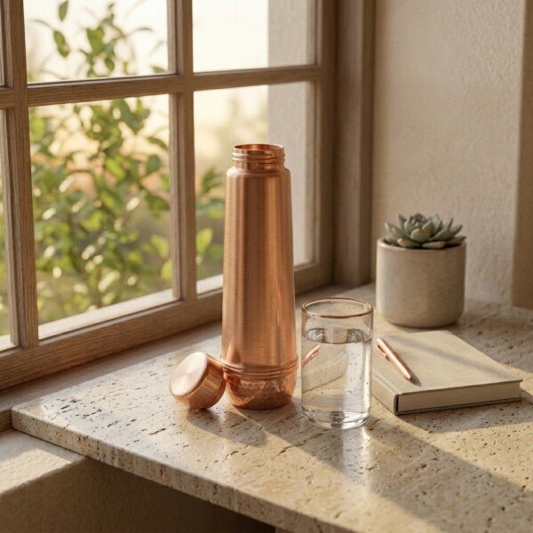 make_it_1_1_202607131332 (5) Royal Dual-Texture Pure Copper Water Bottle (1 Liter) – Smooth Brushed Body with Hammered Base