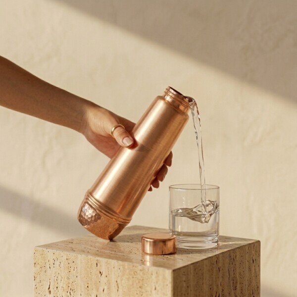 make_it_1_1_202607131332 (6) Royal Dual-Texture Pure Copper Water Bottle (1 Liter) – Smooth Brushed Body with Hammered Base