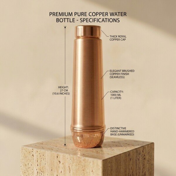 make_it_1_1_202607131332 (8) Royal Dual-Texture Pure Copper Water Bottle (1 Liter) – Smooth Brushed Body with Hammered Base
