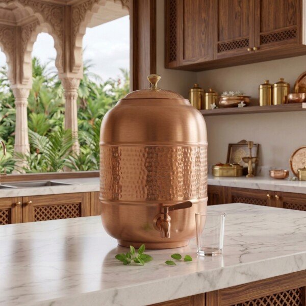 make_it_1_1_202607131343 (1) Satin-Brushed & Hand-Hammered Pure Copper Water Dispenser Tank (14 Liters)