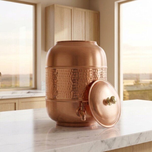 make_it_1_1_202607131343 (2) Satin-Brushed & Hand-Hammered Pure Copper Water Dispenser Tank (14 Liters)