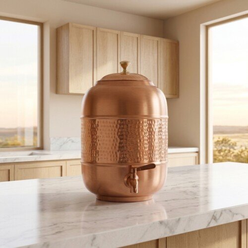 Satin-Brushed & Hand-Hammered Pure Copper Water Dispenser Tank (14 Liters)