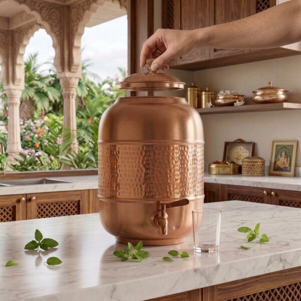 make_it_1_1_202607131343 (6) Satin-Brushed & Hand-Hammered Pure Copper Water Dispenser Tank (14 Liters)