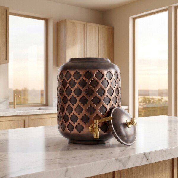 make_it_1_1_202607131345 (1) Antique Moroccan Lattice Pure Copper Water Dispenser (8 Liters) with Brass Tap – Premium 3D Embossed Water Pot