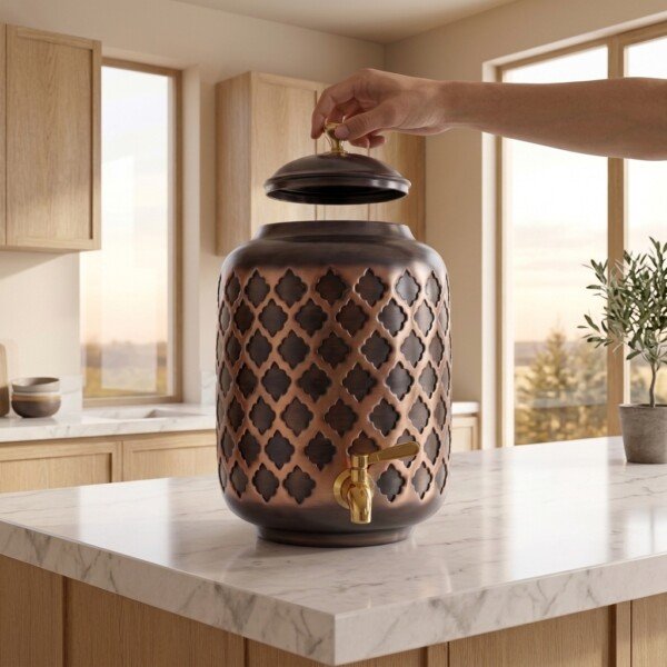 make_it_1_1_202607131345 (6) Antique Moroccan Lattice Pure Copper Water Dispenser (8 Liters) with Brass Tap – Premium 3D Embossed Water Pot