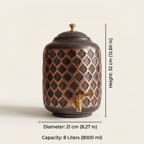 make_it_1_1_202607131345 (9) Antique Moroccan Lattice Pure Copper Water Dispenser (8 Liters) with Brass Tap – Premium 3D Embossed Water Pot