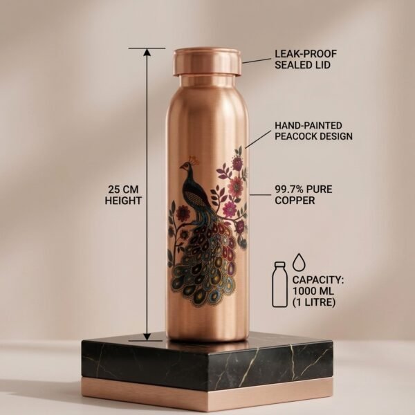 Royal Printed Pure Copper Water Bottle with Peacock Art (950 ml)